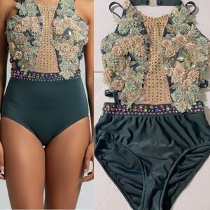Glamour solo dance costume green floral embroidered rhinestone leodard adult LC